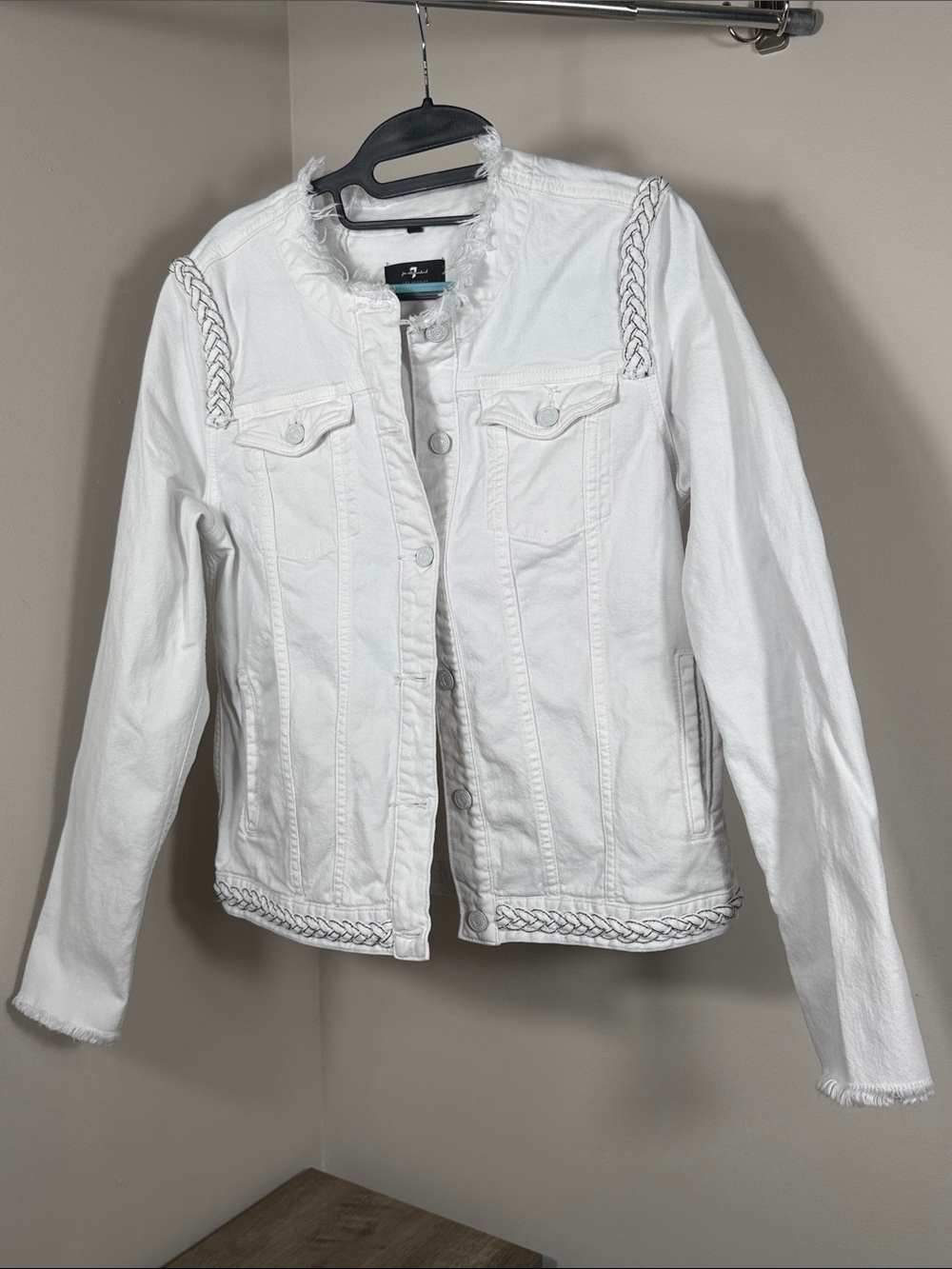 7 For All Mankind White Braided-Trim Jean Jacket